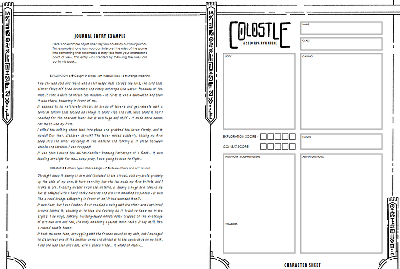 Character sheet with their example of how a journal entry might look