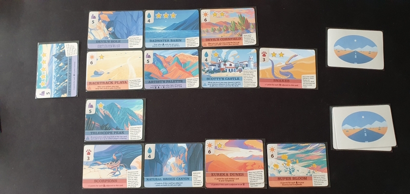 Example of the end of game state, the bot's cards are on multiple rows to make the photo easier. The bot won due to player busts from the sun suit reducing cards in the journey row